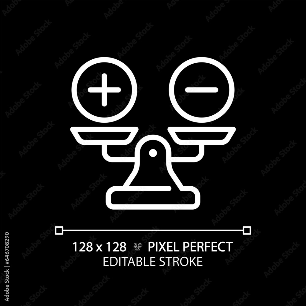 2D pixel perfect customizable white weight scale with plus and minus icon, isolated vector, thin line illustration representing comparisons. 2D pixel perfect customizable white weight scale with plus and minus icon, isolated vector, thin line illustration representing comparisons.