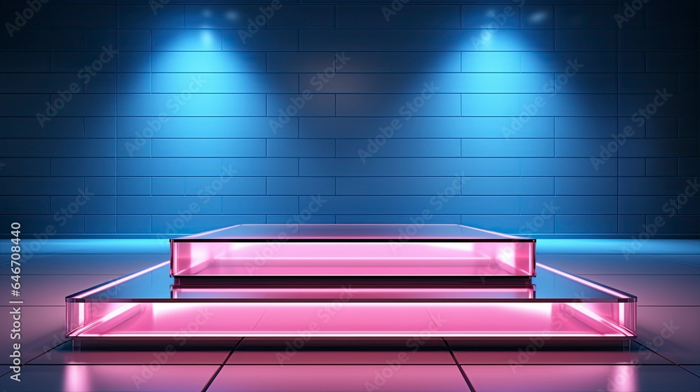 neon podium in bright psychedelic colors with backlighting. in y2k style. neon podium in bright psychedelic colors with backlighting. in y2k style.