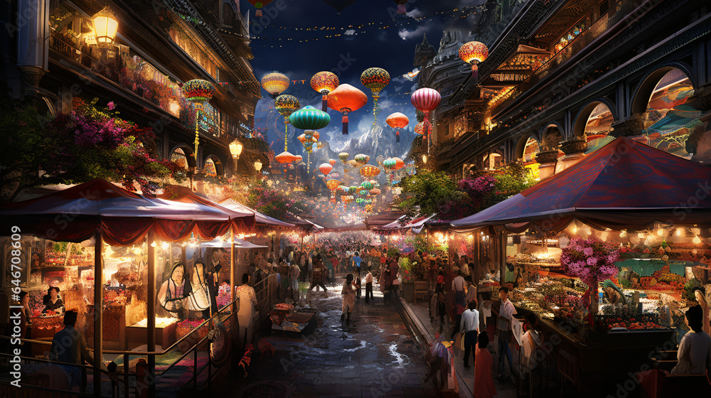A vibrant and bustling night market with colorful street