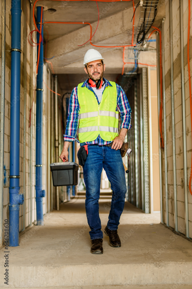 A portrait of a foreman in his 40s who is walking on construction site with toolbox.