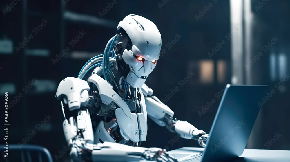 Robot humanoid use laptop using AI thinking brain, generative AI. Robot humanoid use laptop using AI thinking brain, generative AI.
