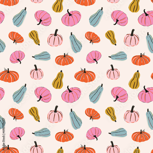 Colorful cute pumpkin seamless pattern. Autumn themed repeat print and background for fabric, wallpaper, stationery etc.  