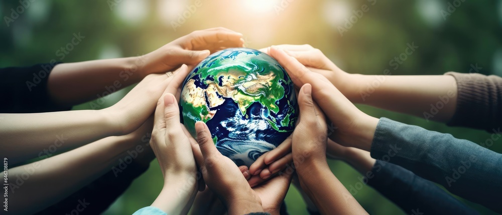 Saving the planet concept with multiple hands holding Planet Earth Globe above their head Saving the planet concept with multiple hands holding Planet Earth Globe above their head