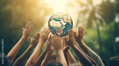 Fototapeta Naklejka Na Ścianę i Meble -  Saving the planet concept with multiple hands holding Planet Earth Globe above their head