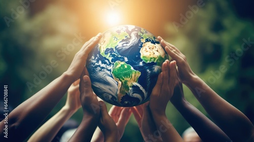 Saving the planet concept with multiple hands holding Planet Earth Globe above their head