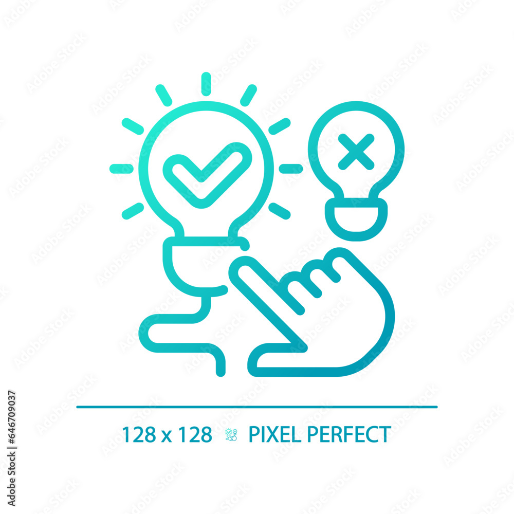 2D pixel perfect blue gradient hand pointing at illuminated light bulb icon, isolated vector, thin line illustration representing comparisons. 2D pixel perfect blue gradient hand pointing at illuminated light bulb icon, isolated vector, thin line illustration representing comparisons.