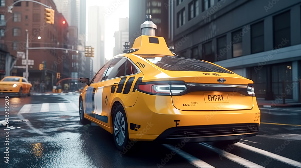 Fototapeta premium Yellow taxi on a city street, generative AI.