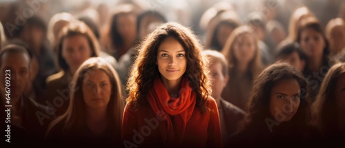 Standing out from the crowd concept with woman looking at camera from large crowd of people
