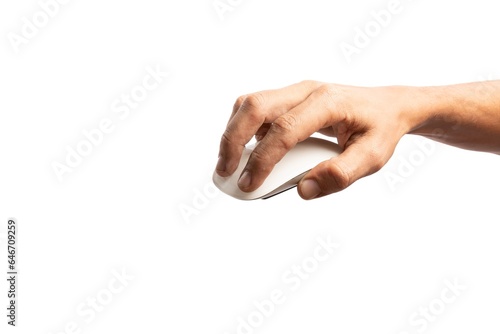 Black male hand using computer mouse on white background