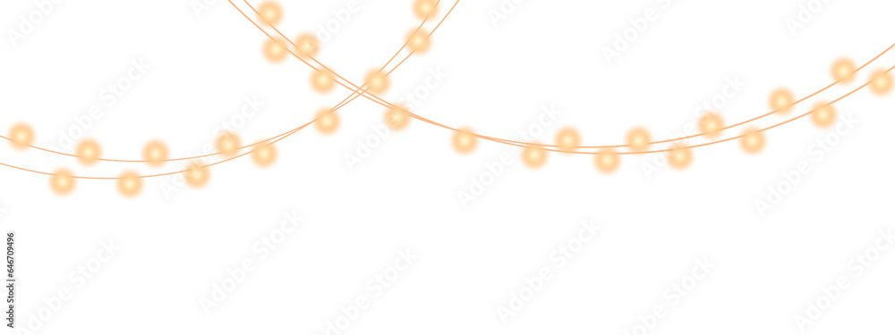 Garland lights isolated on transparent background. Glowing gold lights for holiday cards, banners, posters, web design. Garlands decorations. Led neon lamp. Vector illustration Garland lights isolated on transparent background. Glowing gold lights for holiday cards, banners, posters, web design. Garlands decorations. Led neon lamp. Vector illustration