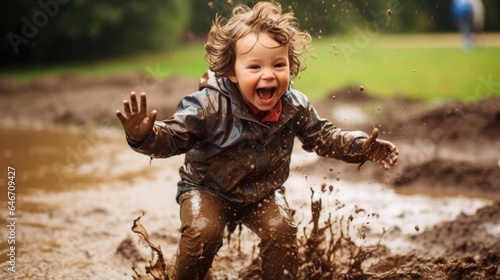 Super excited young child jumping in a puddle of mud outdoors