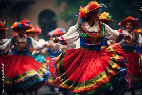Young adults enjoying traditional festival dancing outdoors Colorful tradition festival costume dance