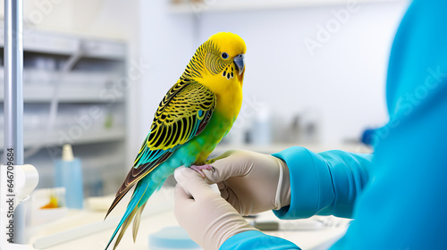 Veterinarian checking a bird or budgie at a vet clinic. Concept of pets and health. Shallow field of view with copy space.