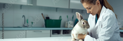 Veterinarian checking a pet rabbit at a vet clinic. Concept of pets and health. Shallow field of view with copy space.