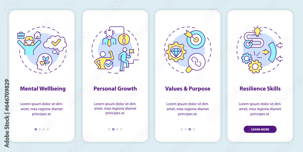 2D icons representing mindful entrepreneurship mobile app screen set. Walkthrough 4 steps colorful graphic instructions with thin line icons concept, UI, UX, GUI template. 2D icons representing mindful entrepreneurship mobile app screen set. Walkthrough 4 steps colorful graphic instructions with thin line icons concept, UI, UX, GUI template.