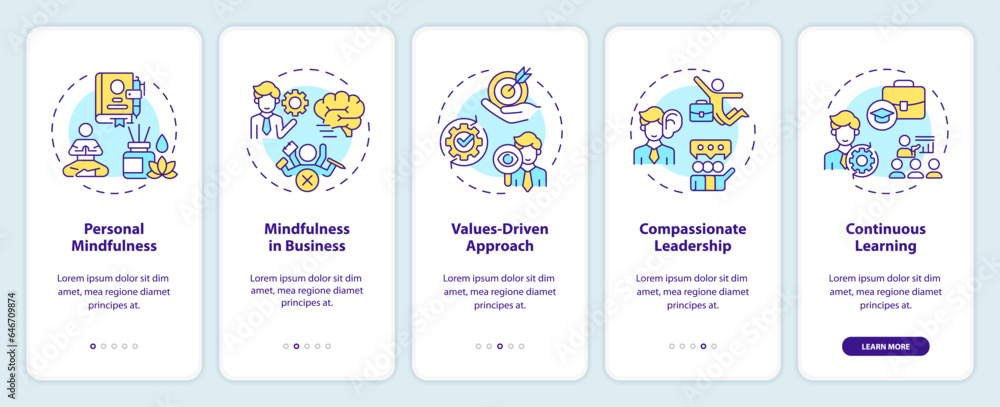 2D icons representing mindful entrepreneurship mobile app screen set. Walkthrough 5 steps multicolor graphic instructions with linear icons concept, UI, UX, GUI template.