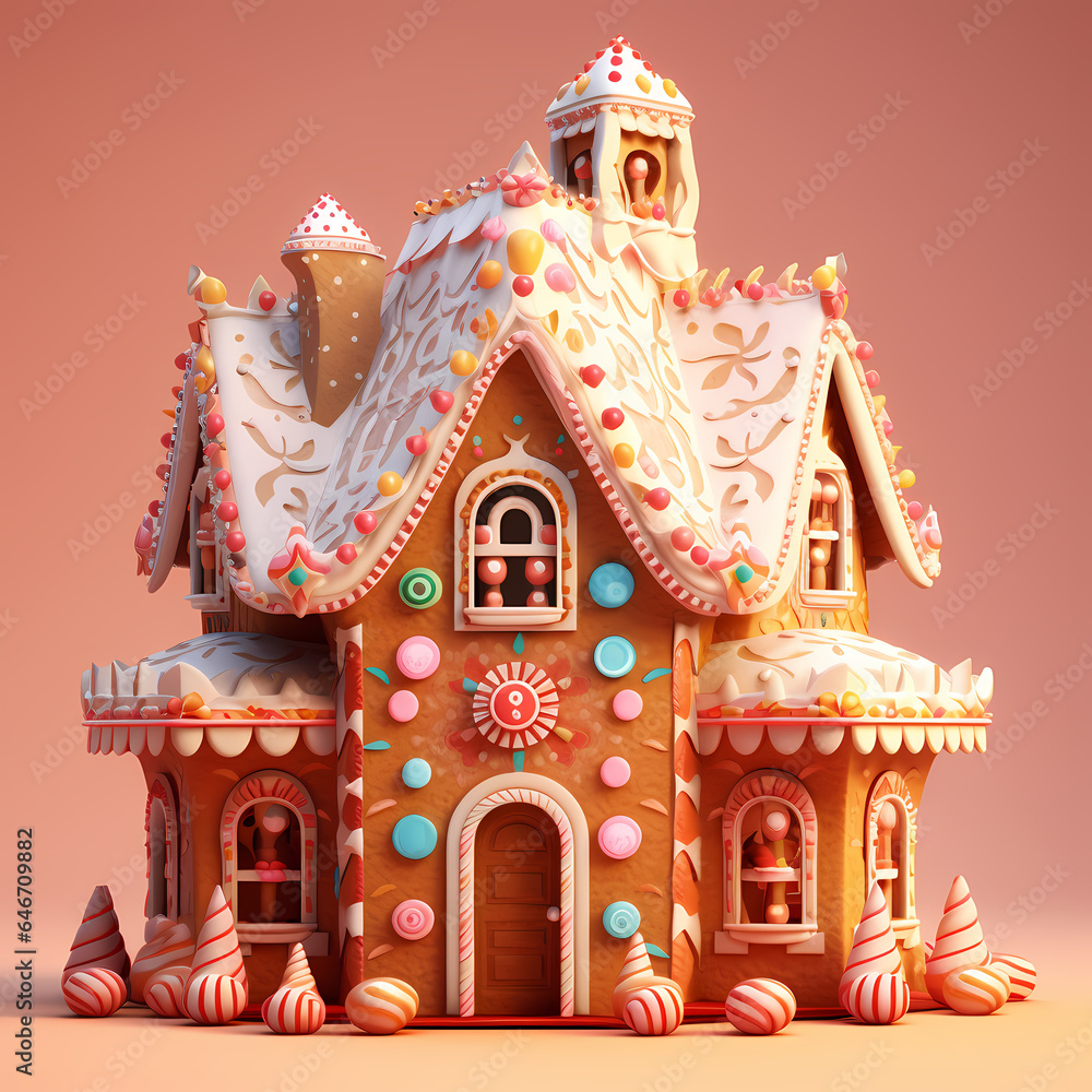 Christmas ginger bread house isolated on solid pastel background