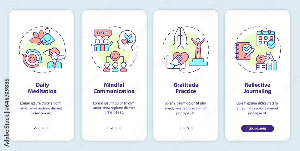 2D icons representing mindful entrepreneurship mobile app screen set. Walkthrough 4 steps colorful graphic instructions with line icons concept, UI, UX, GUI template.
