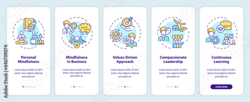 2D icons representing mindful entrepreneurship mobile app screen set. Walkthrough 5 steps multicolor graphic instructions with linear icons concept, UI, UX, GUI template.