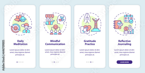 2D icons representing mindful entrepreneurship mobile app screen set. Walkthrough 4 steps colorful graphic instructions with line icons concept, UI, UX, GUI template.