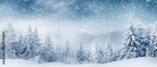 Winter panoramic background with snow-covered fir branches and snowfall flakes Christmas banner © Fred