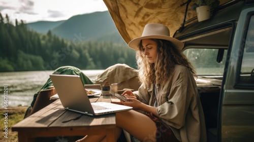 Print op canvas Young woman digital nomad engaging in remote work outside her vintage camper van