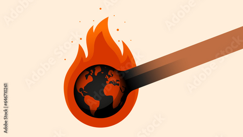 Vector illustration of the Earth globe in a shape of a lit match. Concept illustration representing global warming, wars, terrorism, wildfires and record temperatures. Climate change icon.