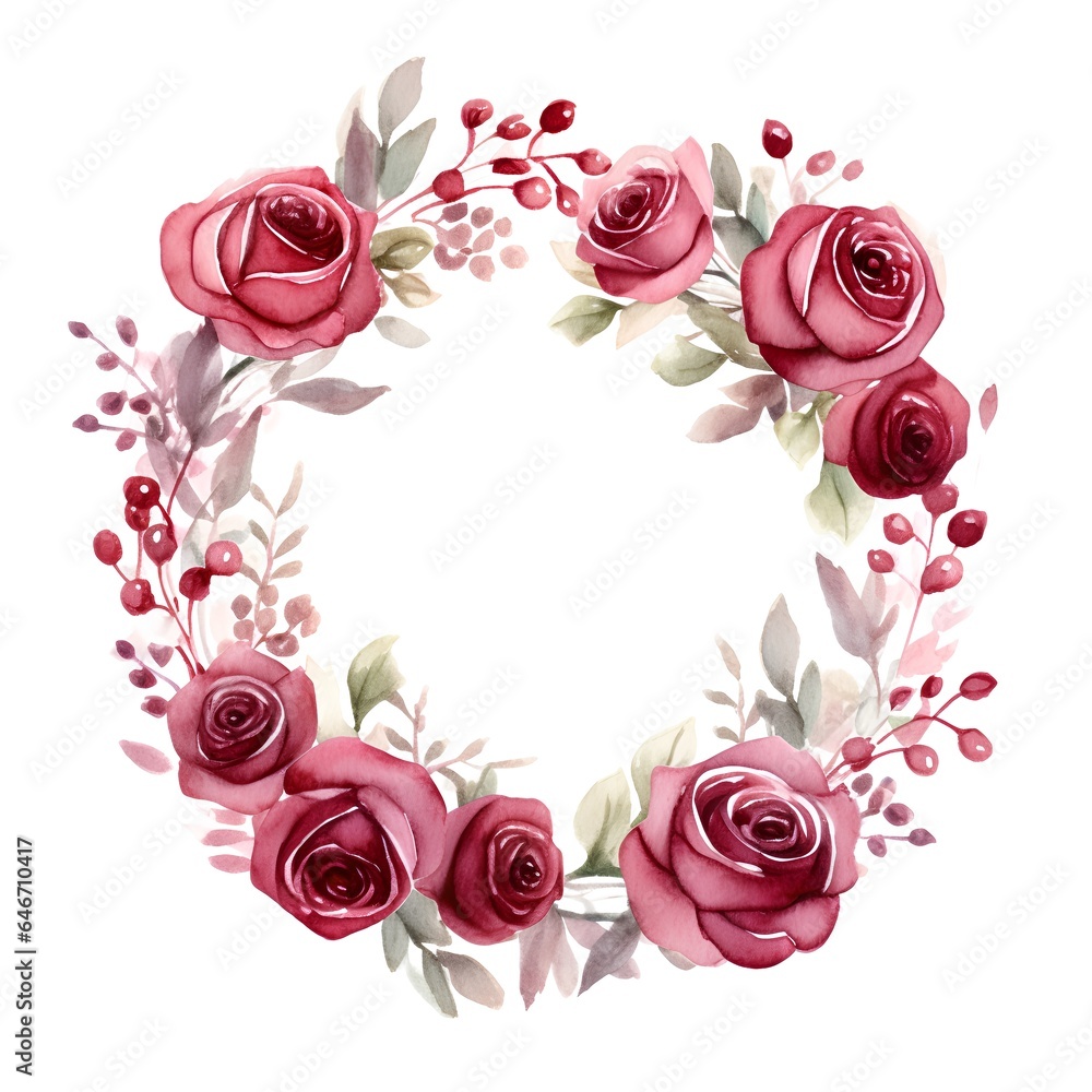 Watercolor floral wreath with red roses and branches. Hand painted isolated on white background
