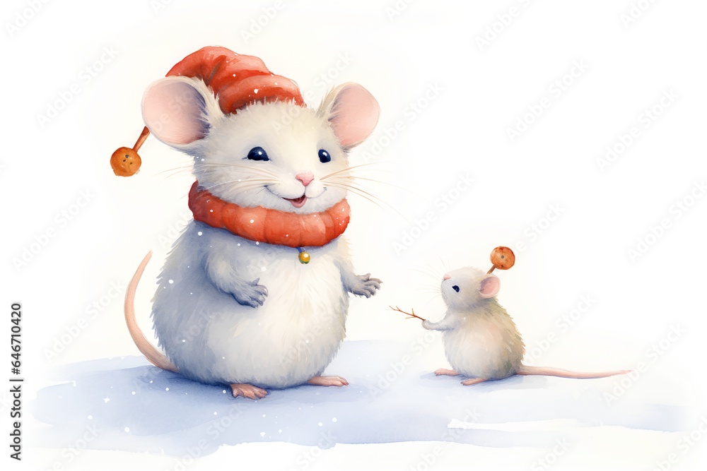 Cute rat and mouse in winter clothes. Watercolor illustration. Cute rat and mouse in winter clothes. Watercolor illustration.