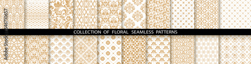 Geometric floral set of seamless patterns. White and gold vector backgrounds. Damask graphic ornaments