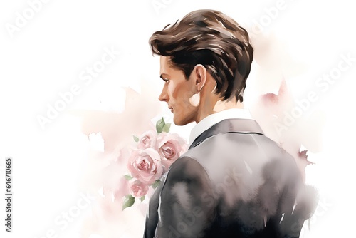 Portrait of a handsome man in a suit with a bouquet of roses.