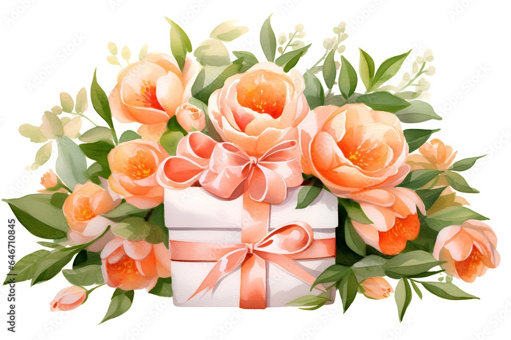 Watercolor bouquet of orange roses, green leaves and gift box with bow.