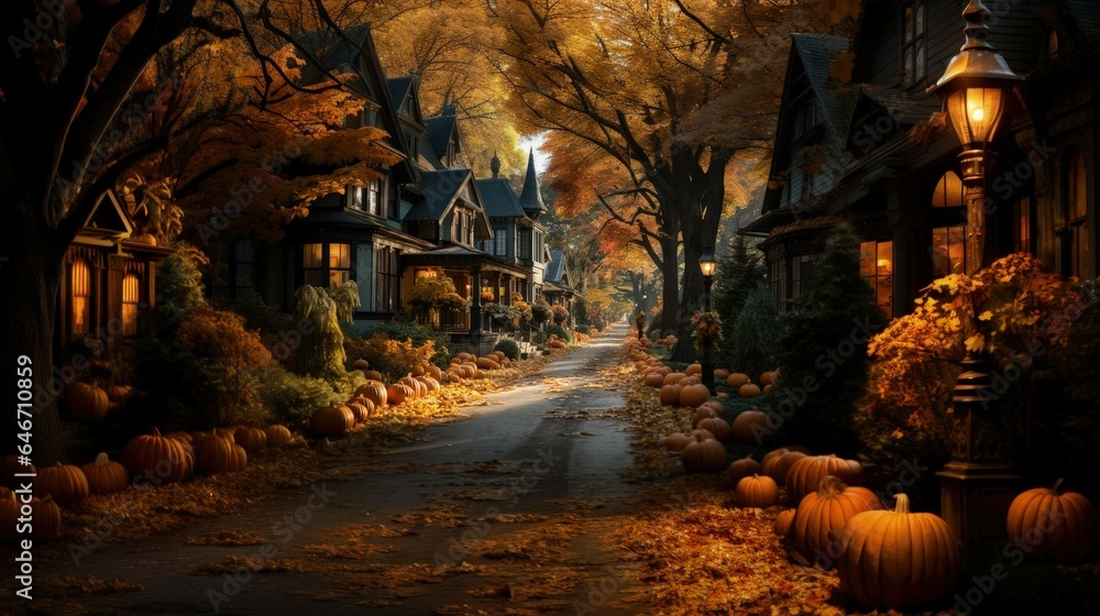 elegant pathways and fine decorations: an illustrated guide to transforming neighborhood streets for the mystical night of halloween. Ai Generated - obrazy, fototapety, plakaty 