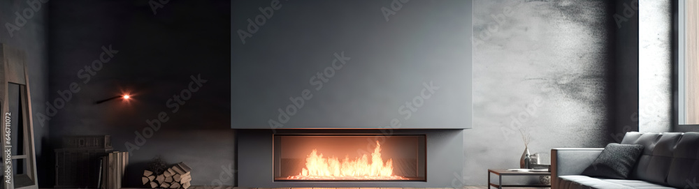 Fototapeta premium Living room interior with fireplace, generative AI.