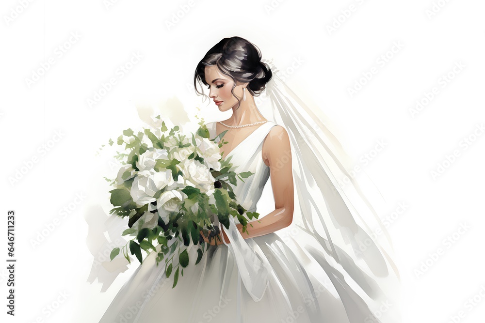 Beautiful bride with a bouquet of white flowers on a white background Beautiful bride with a bouquet of white flowers on a white background