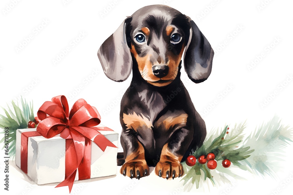 Watercolor dachshund dog with christmas gift. Isolated on white background