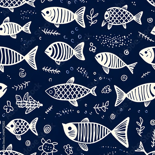 seamless background with fishes, seamless repeating pattern, indigo resist, indigo dye, traditional german style, primative, simple, fish, playful, tile