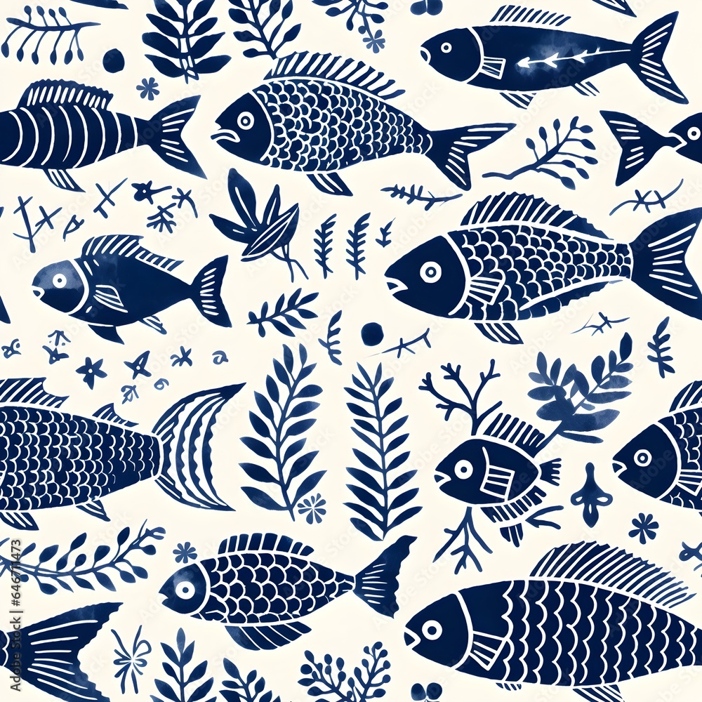seamless repeating pattern, indigo resist, indigo dye, traditional german style, primative, simple, fish, playful,  tile, seamless pattern with fish