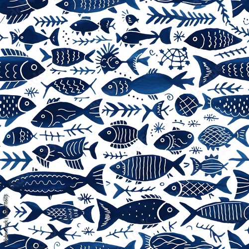 seamless repeating pattern, indigo resist, indigo dye, traditional german style, primative, simple, fish, playful,  tile, seamless pattern with fishes © Baloch