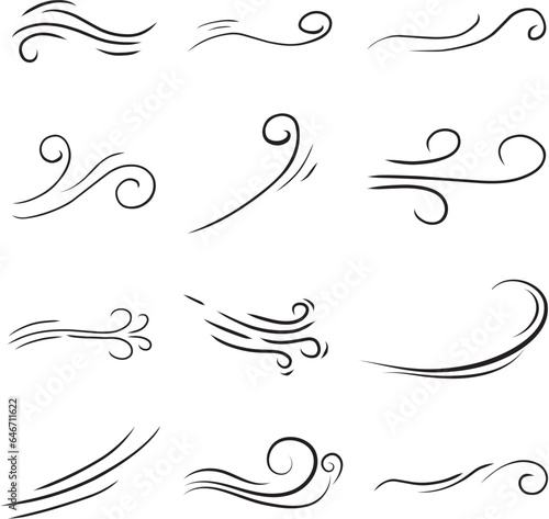 Doodle wind line sketch set. Hand drawn doodle wind motion, smoke flow art, abstract line Vector illustration