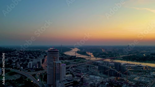 Belgrade Waterfront During Sunset, Golden Evening in Capital of Serbia, Construction Pano photo