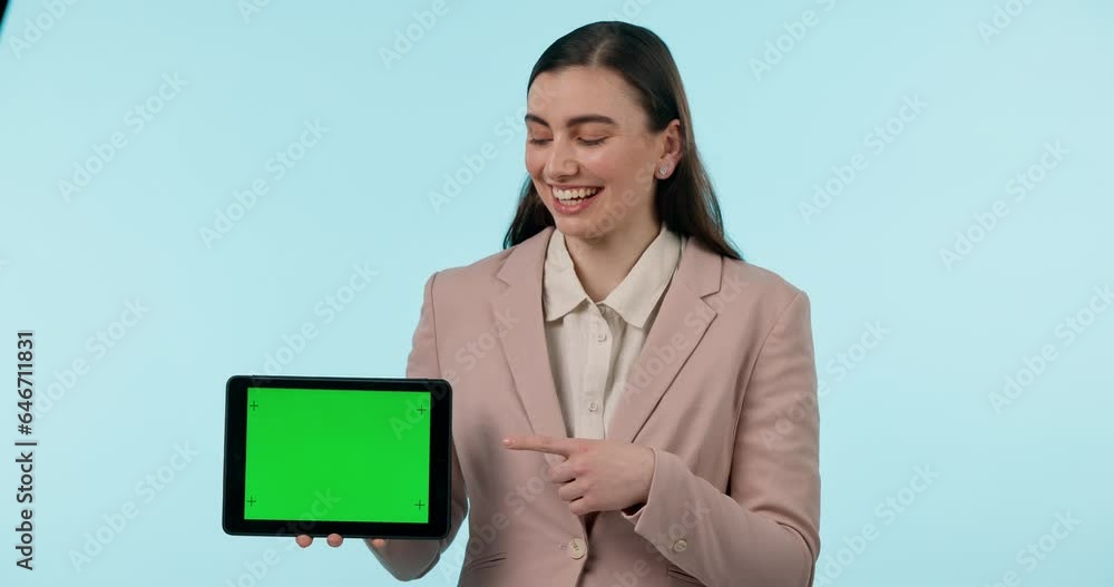 Tablet, green screen and a happy business woman pointing to mockup on a blue background in studio. Technology, website and smile with a young employee showing tracking markers on a screen or display Tablet, green screen and a happy business woman pointing to mockup on a blue background in studio. Technology, website and smile with a young employee showing tracking markers on a screen or display