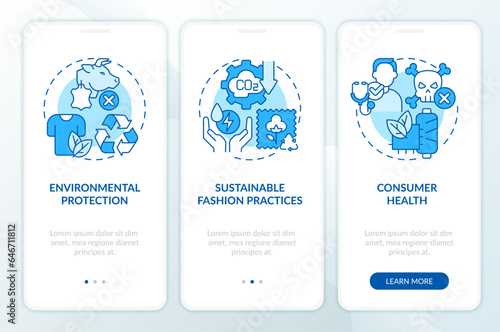 2D icons representing sustainable fashion mobile app screen set. Walkthrough 3 steps blue graphic instructions with line icons concept, UI, UX, GUI template.