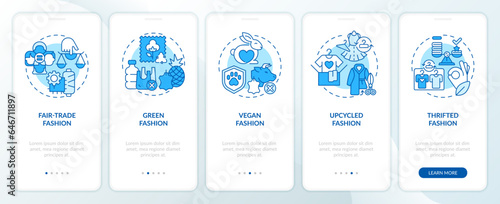 2D icons representing sustainable fashion mobile app screen set. Walkthrough 5 steps blue graphic instructions with linear icons concept, UI, UX, GUI template.