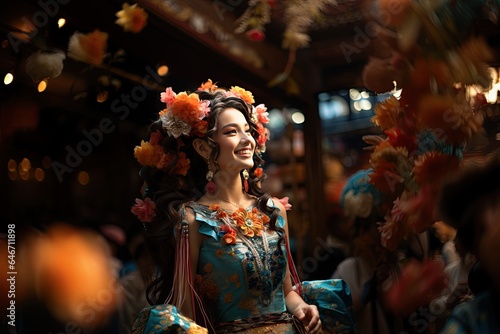 Chinese Traditional Costume  A performer adorned in colorful traditional attire for cultural performances. Generated with AI