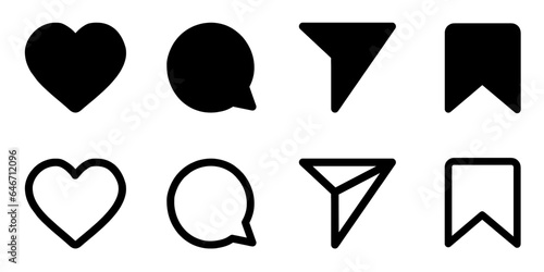 Set of Generic social media user interface icons. Like, comment, Share, Love and save icon. flat style icon for your apps and websites.