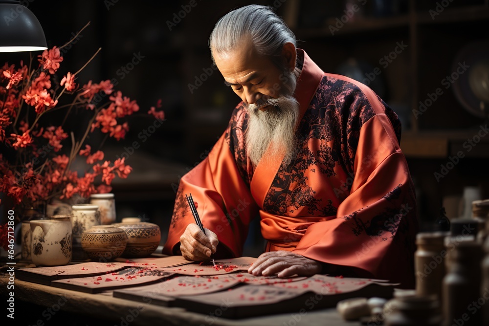 Calligraphy Artistry: Skilled calligraphers create beautiful, intricate characters to bring good fortune. Generated with AI