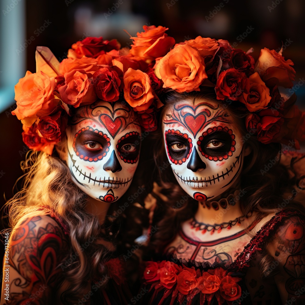 Portrait of Mexican beautiful catrina with roses on head Sugar skull makeup for day of dead in Mexico Dia de los muertos Portrait of Mexican beautiful catrina with roses on head Sugar skull makeup for day of dead in Mexico Dia de los muertos