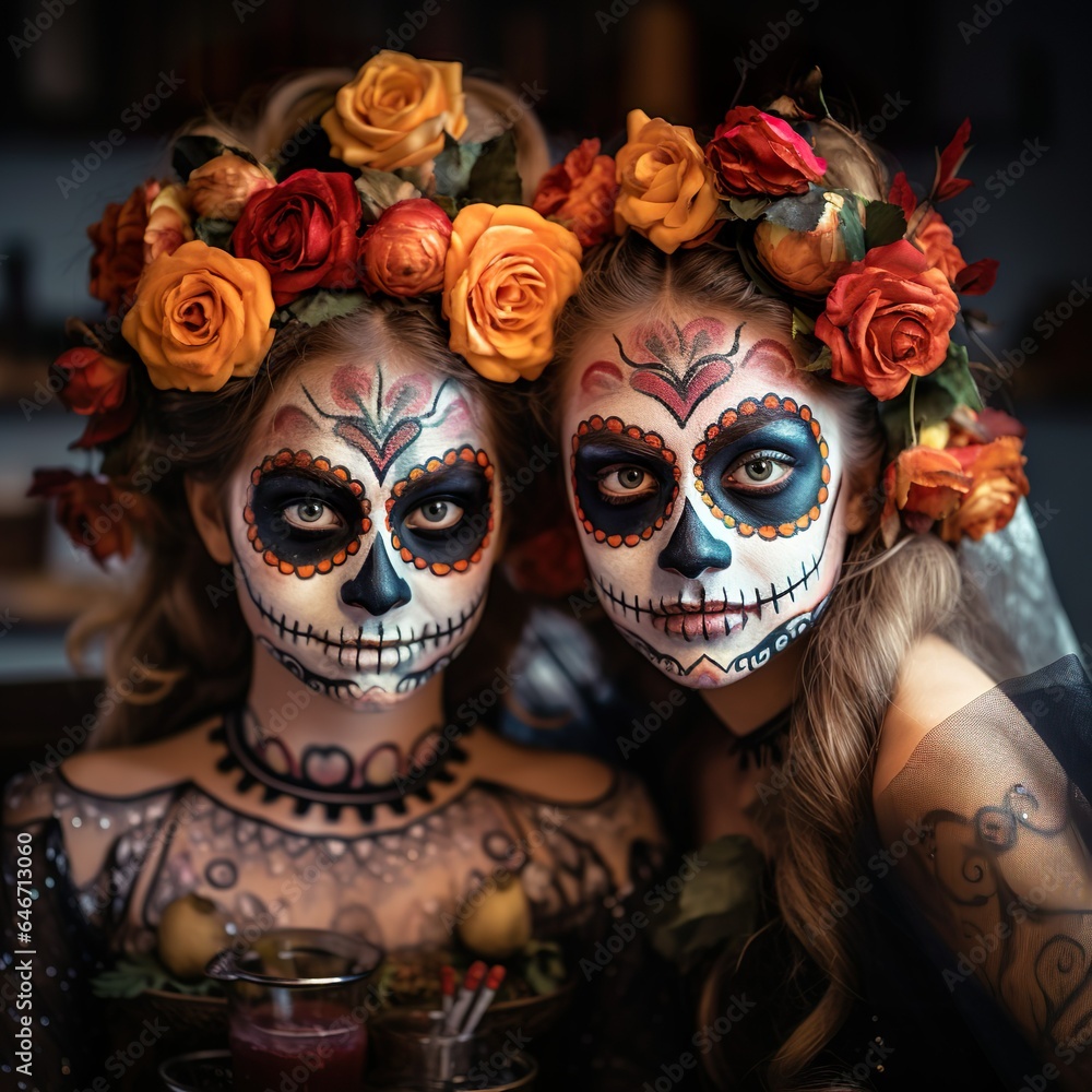 Portrait of Mexican beautiful catrina with roses on head Sugar skull makeup for day of dead in Mexico Dia de los muertos 