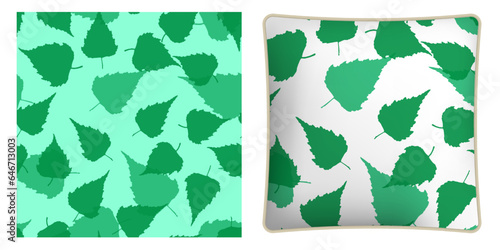 Square decorative pillow, bedroom accessory decorated birch leaves silhouettes seamless pattern. Autumn fallen leaves of birch tree. Vector ornament for design of posters and printing on textile